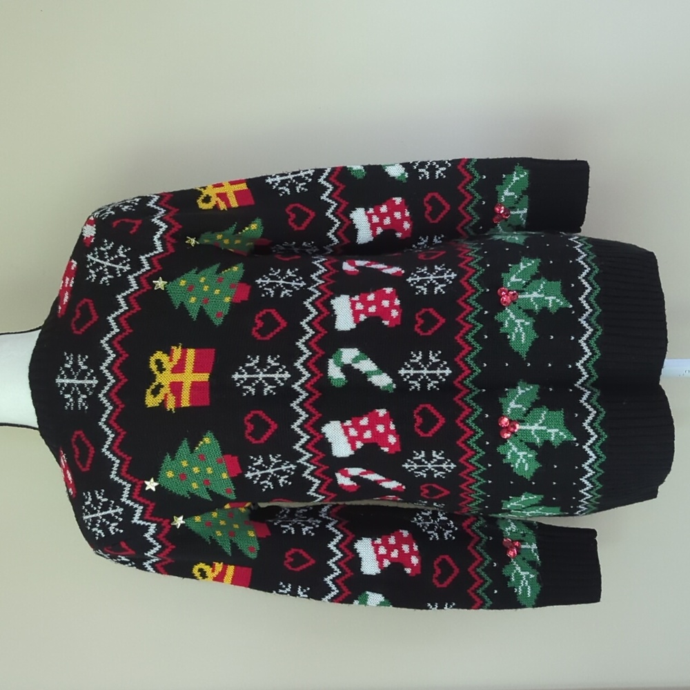 Absolutely Famous Button Up Acrylic Cardigan Christmas Sweater MEDIUM Black Red - Picture 12 of 16